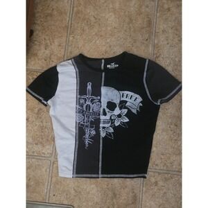Hollister Black Gray Los Angeles Skull Babydoll Crop T Shirt SZ S Y2K
